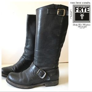 FRYE Veronica Black Leather BOOTS Size 7 Moto Knee Flat Biker